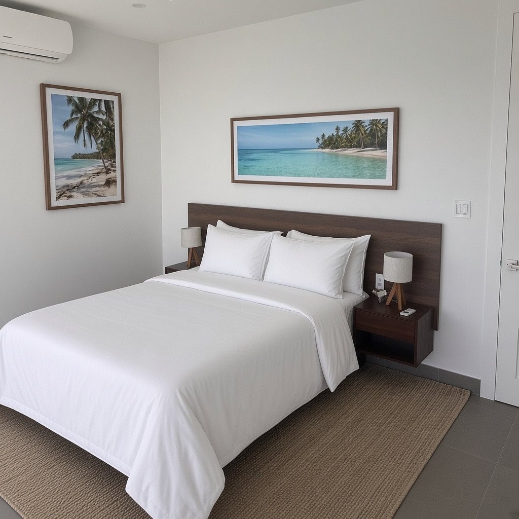 Bedroom with ocean art