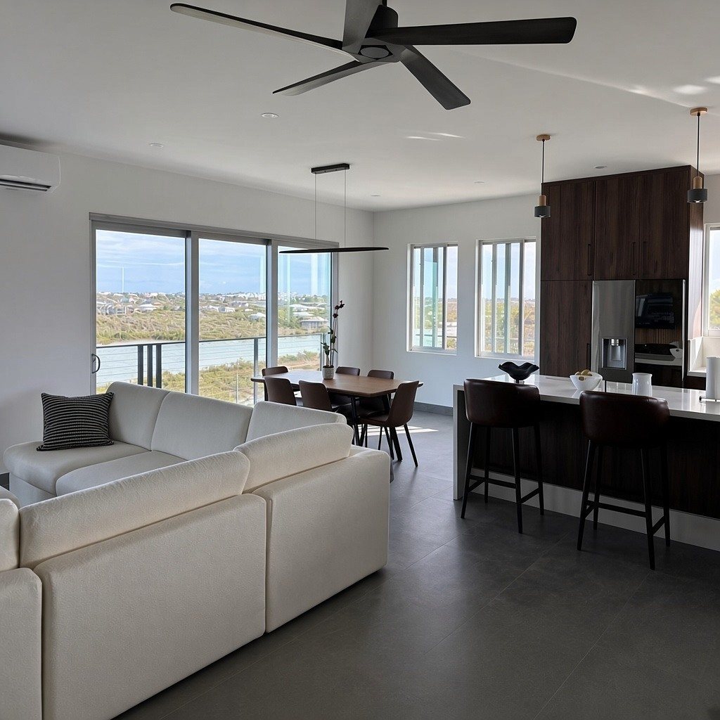 Dining area beside the kitchen with lake views