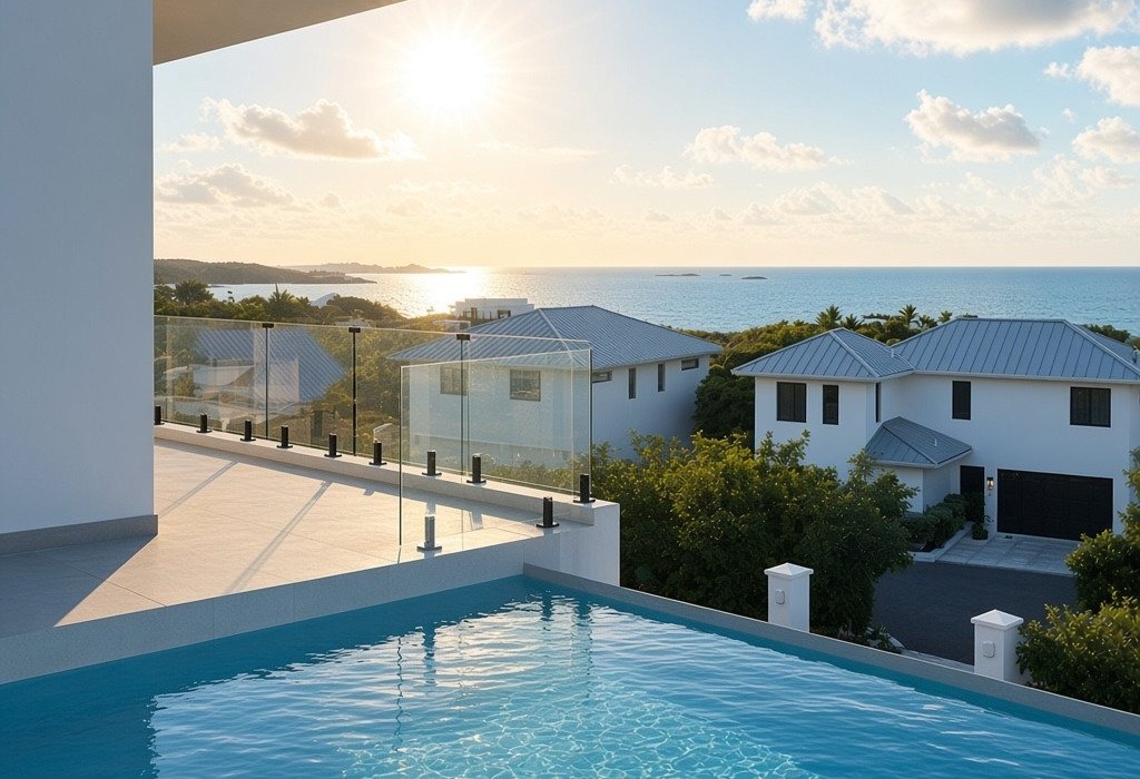 Early morning sun over the sea from the villa terrace