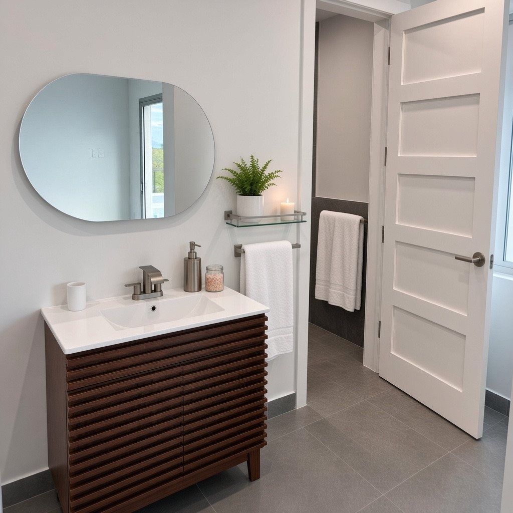 Suites two, three and four: vanity and sink, with the shower through the door and an open closet